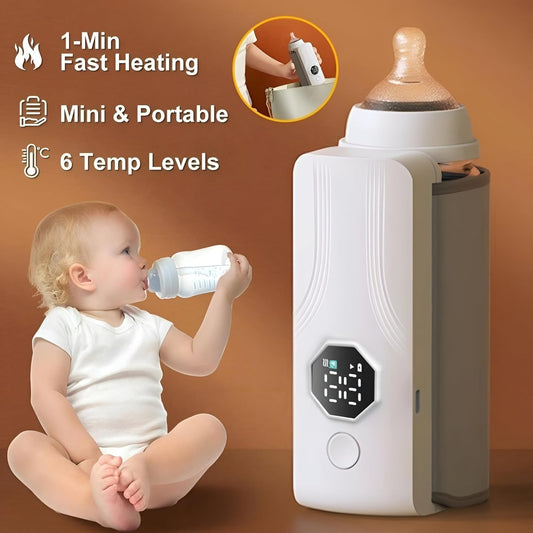 Portable Rechargeable Baby Bottle Warmer – Fast 1-Min Heating | USB Powered, 6 Temperature Levels, Leak-Proof Travel Milk Heater for Babies