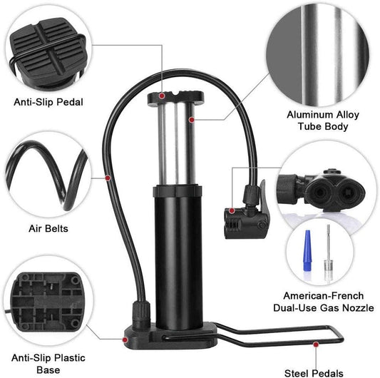 High Pressure Foot Air Pump – Heavy Duty Mini Portable Air Pump for Bicycle, Car, Ball & Inflatable Toys | Dual Valve Compact Floor Pump with Gauge for Quick Inflation